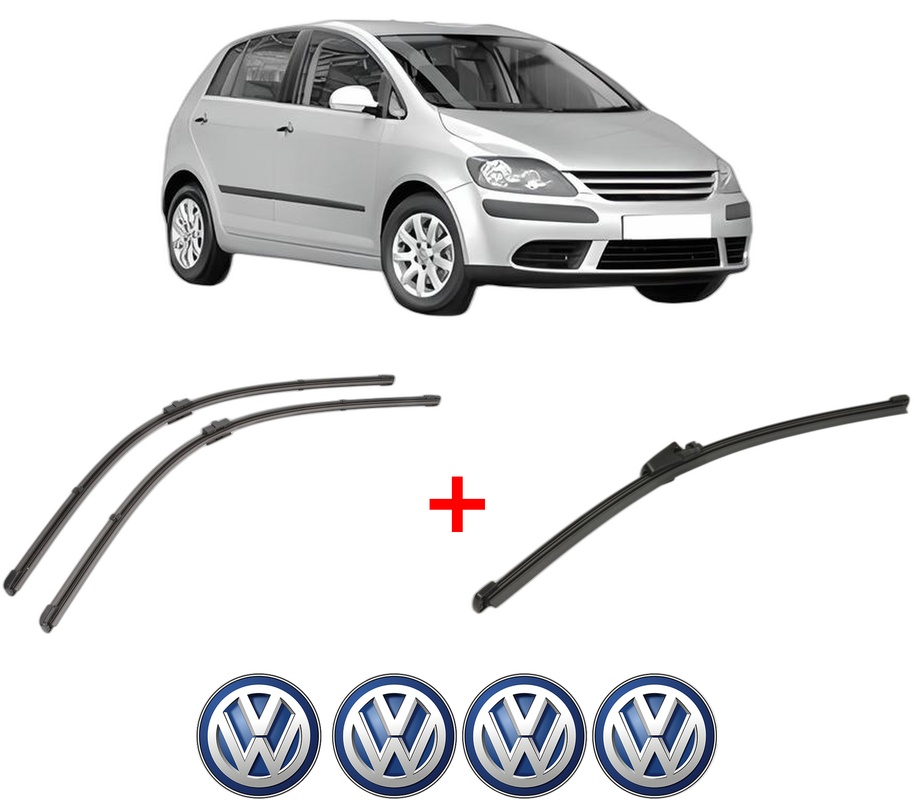 Set 3 stergatoare Volkswagen GOLF PLUS V (5M1, 521) din 2004 - 2013, pentru parbriz si luneta fata si spate auto, Valeo Silencio Xtrm, din cauciuc siliconat rezistent, 4 Stickere Auto VW