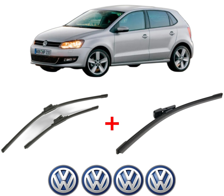 Set 3 stergatoare Volkswagen POLO Van V (6R1, 6C1) din 2009 - 2017, pentru parbriz si luneta fata si spate auto, Bosch Aerotwin, din cauciuc siliconat rezistent, 4 Stickere Auto VW