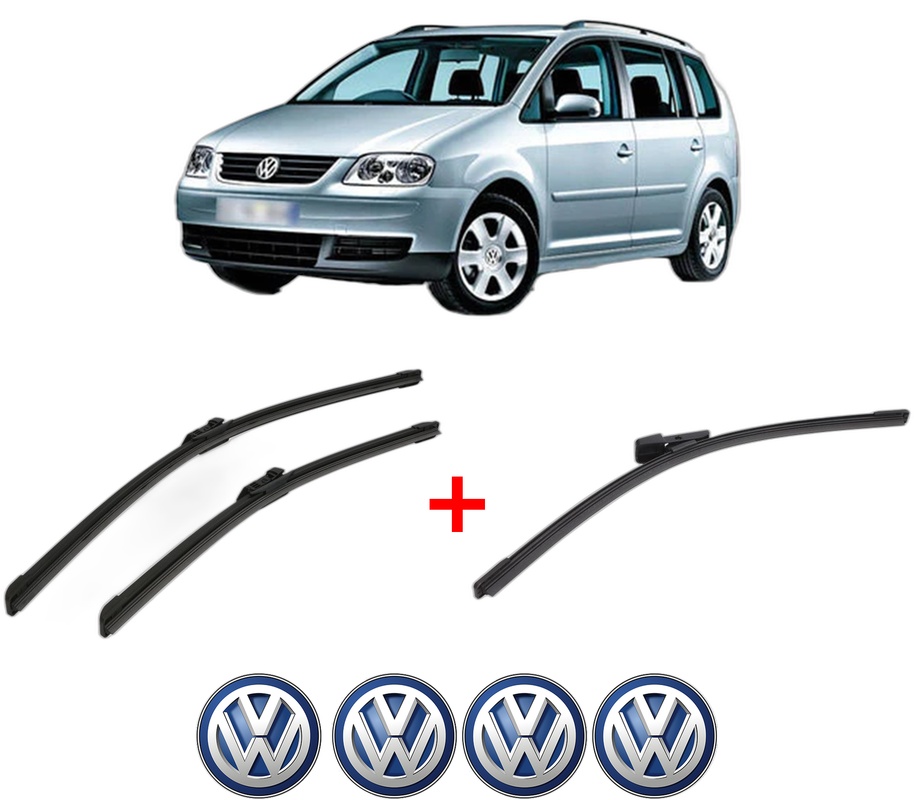 Set 3 stergatoare Volkswagen TOURAN (1T3) din 2010 - 2015, pentru parbriz si luneta fata si spate auto, Bosch Aerotwin, din cauciuc siliconat rezistent, 4 Stickere Auto VW