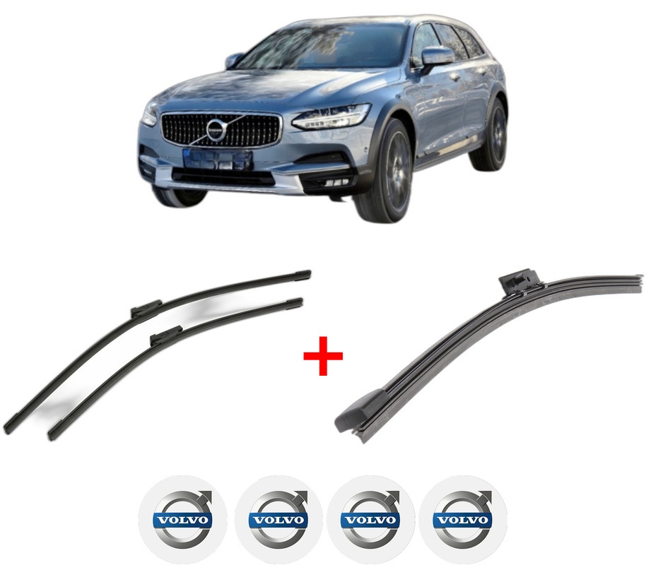 Set 3 stergatoare VOLVO V90 II Cross Country (236) din 2016 - 2021, pentru parbriz si luneta fata si spate auto, Bosch Aerotwin, din cauciuc siliconat rezistent, 4 Stickere Auto VOLVO