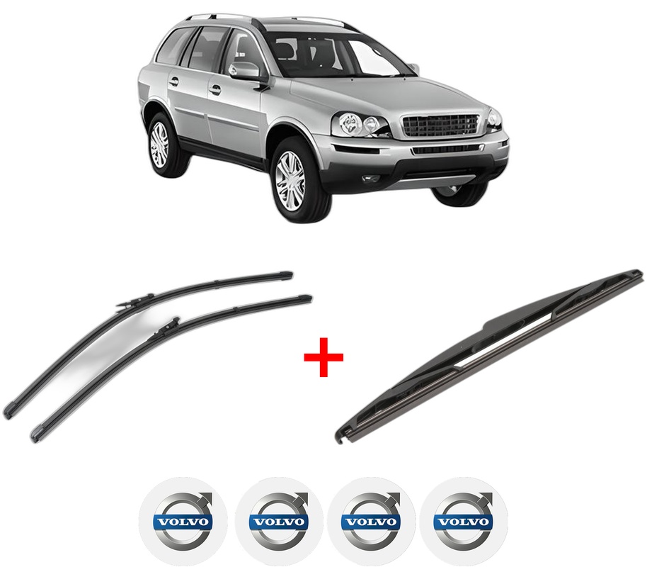 Set 3 stergatoare VOLVO XC90 I (275) din 2002 - 2014, pentru parbriz si luneta fata si spate auto, Valeo Silencio, din cauciuc siliconat rezistent, 4 Stickere Auto VOLVO
