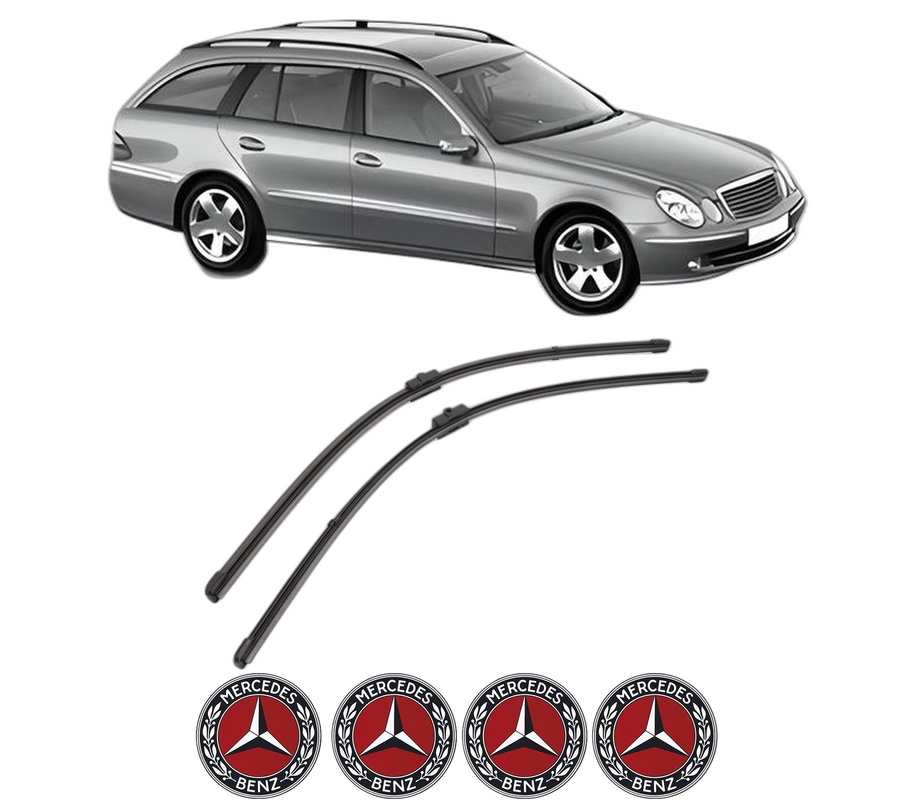 Set stergatoare auto MERCEDES-BENZ E-CLASS T-Model (S211) din 2003-2009, pentru parbriz auto, 2 bucati, Valeo Silencio Xtrm, din cauciuc siliconat rezistent, 4 Stickere Auto MERCEDES-BENZ