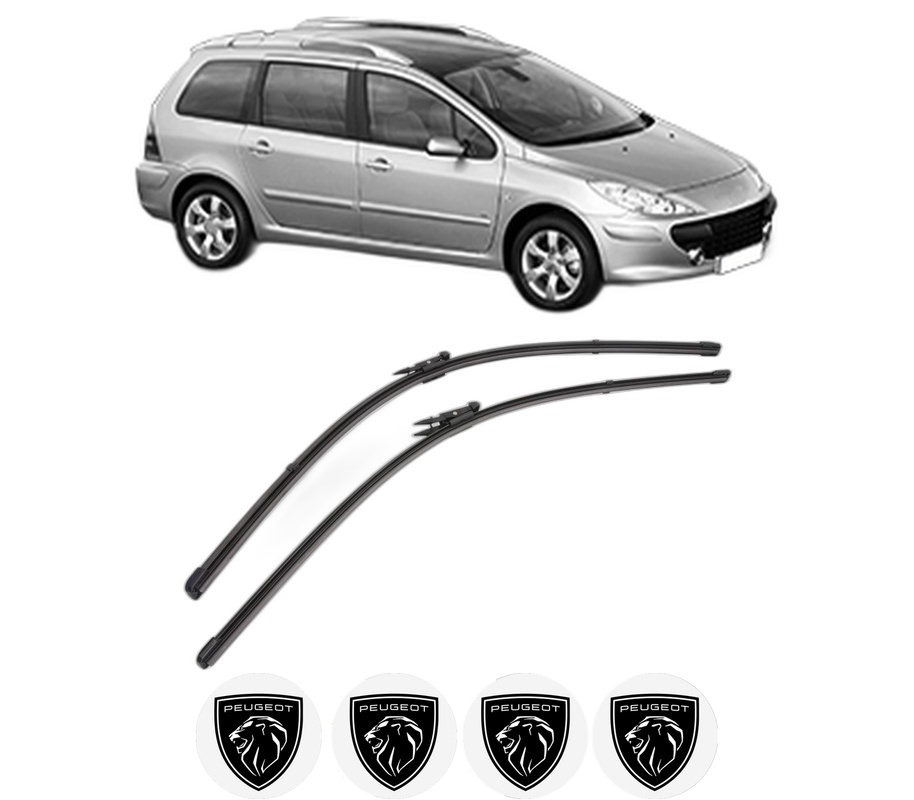 Set stergatoare auto PEUGEOT 307 SW (3H) din 2002-2009, pentru parbriz auto, 2 bucati, Valeo Silencio Xtrm, din cauciuc siliconat rezistent, 4 Stickere Auto PEUGEOT