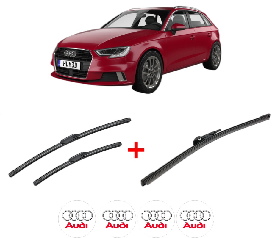 Set 3 stergatoare AUDI A3 Sportback (8YA, 8YF) din 2019, pentru parbriz si luneta fata si spate auto, Bosch Aerotwin, din cauciuc siliconat rezistent, 4 Stickere Auto AUDI