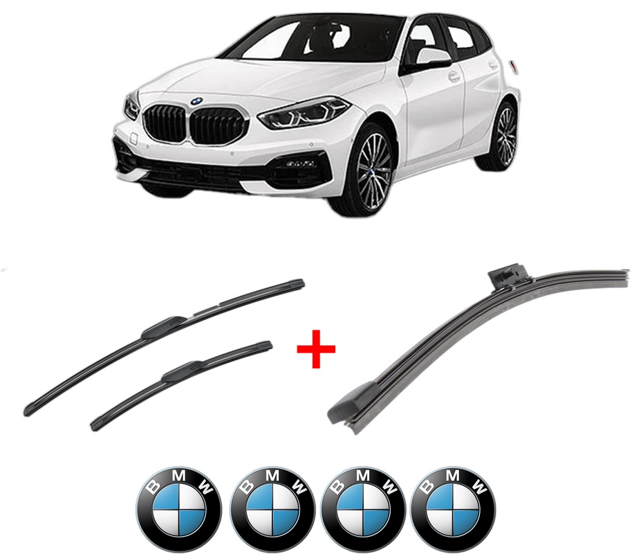 Set 3 stergatoare BMW Seria 1 (F40) din 2019, pentru parbriz si luneta fata si spate auto, Bosch Aerotwin, din cauciuc siliconat rezistent, 4 Stickere Auto BMW