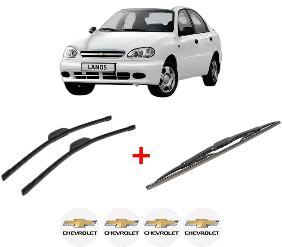 Set 3 stergatoare CHEVROLET LANOS Saloon din 2005 - 2018, pentru parbriz si luneta fata si spate auto, Bosch Twin, din cauciuc siliconat rezistent, 4 Stickere Auto CHEVROLET