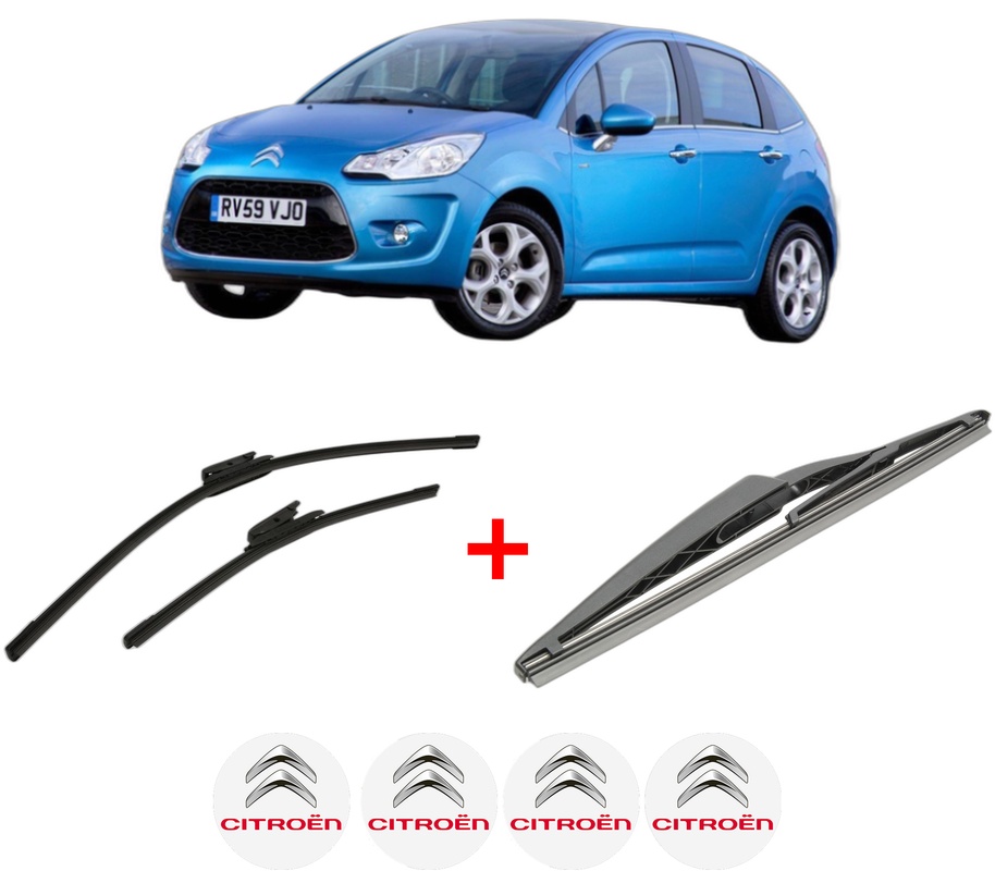 Set 3 stergatoare CITROEN C3 II Hatchback Van (SC_) din 2010 - 2016, pentru parbriz si luneta fata si spate auto, Bosch Twin, din cauciuc siliconat rezistent, 4 Stickere Auto CITROEN