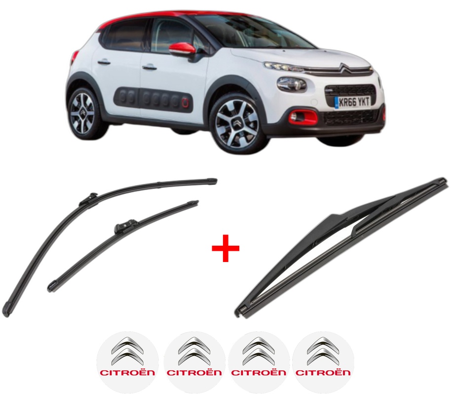 Set 3 stergatoare CITROEN C3 III (SX) din 2016 - 2018, pentru parbriz si luneta fata si spate auto, Valeo Silencio, din cauciuc siliconat rezistent, 4 Stickere Auto CITROEN