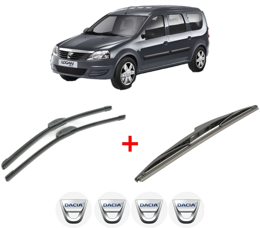 Set 3 stergatoare DACIA LOGAN MCV (KS_) din 2007 - 2013, pentru parbriz si luneta fata si spate auto, Bosch Twin, din cauciuc siliconat rezistent, 4 Stickere Auto DACIA