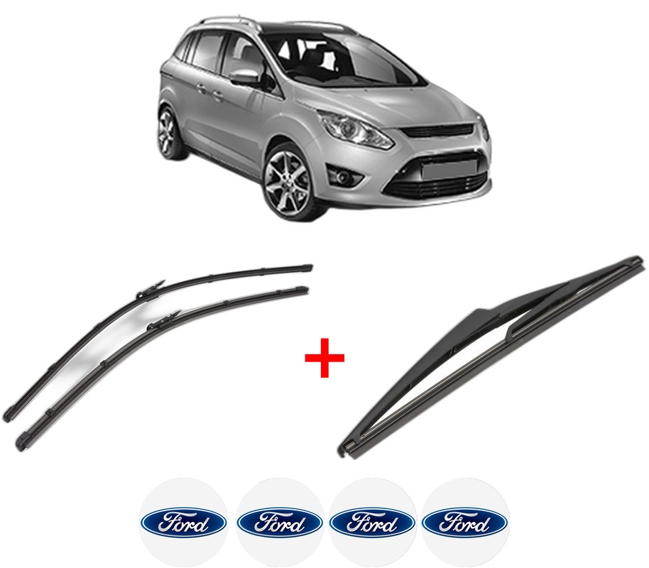 Set 3 stergatoare FORD C-MAX II (DXA/CB7, DXA/CEU) din 2010 - 2019, pentru parbriz si luneta fata si spate auto, Valeo Silencio, din cauciuc siliconat rezistent, 4 Stickere Auto FORD