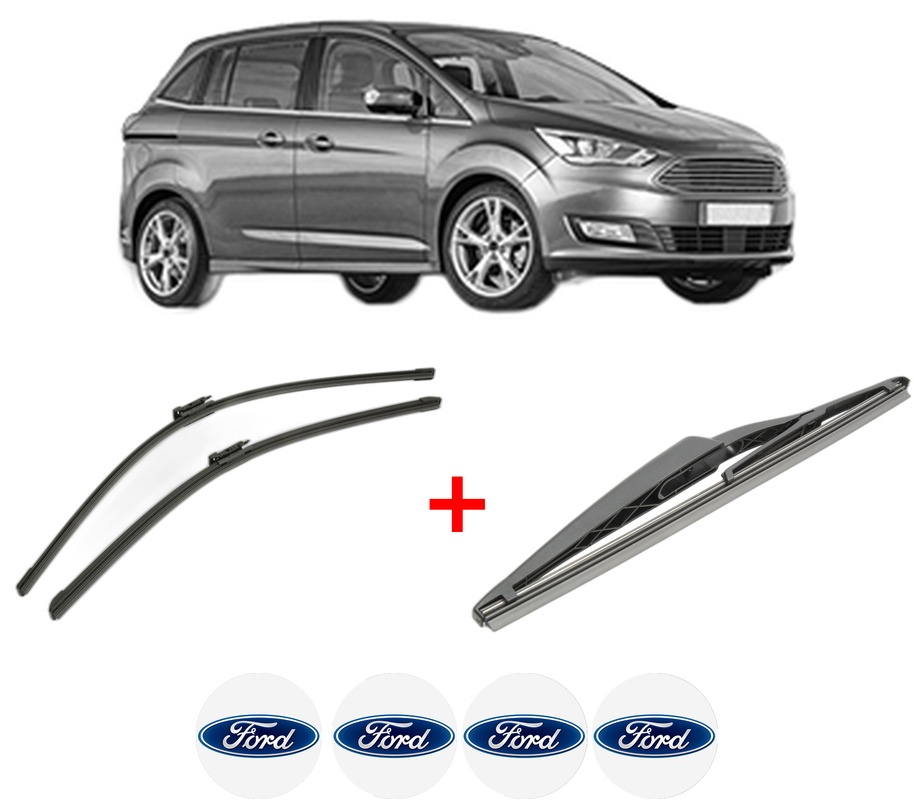 Set 3 stergatoare FORD C-MAX II Van din 2010 - 2019, pentru parbriz si luneta fata si spate auto, Bosch Twin, din cauciuc siliconat rezistent, 4 Stickere Auto FORD