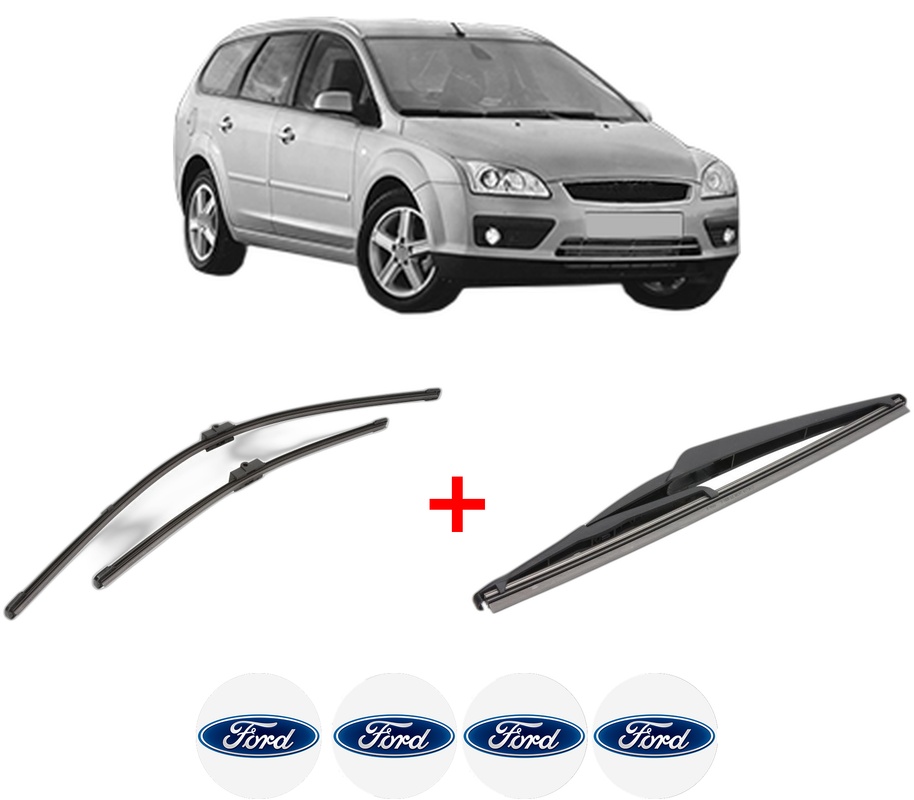 Set 3 stergatoare FORD FOCUS II Turnier (DA_, FFS, DS) din 2004 - 2012, pentru parbriz si luneta fata si spate auto, Valeo Silencio, din cauciuc siliconat rezistent, 4 Stickere Auto FORD