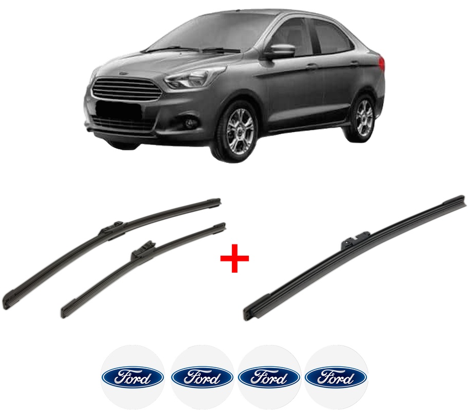 Set 3 stergatoare FORD KA+ III Saloon (TK, FK) din 2016, pentru parbriz si luneta fata si spate auto, Bosch Aerotwin, din cauciuc siliconat rezistent, 4 Stickere Auto FORD