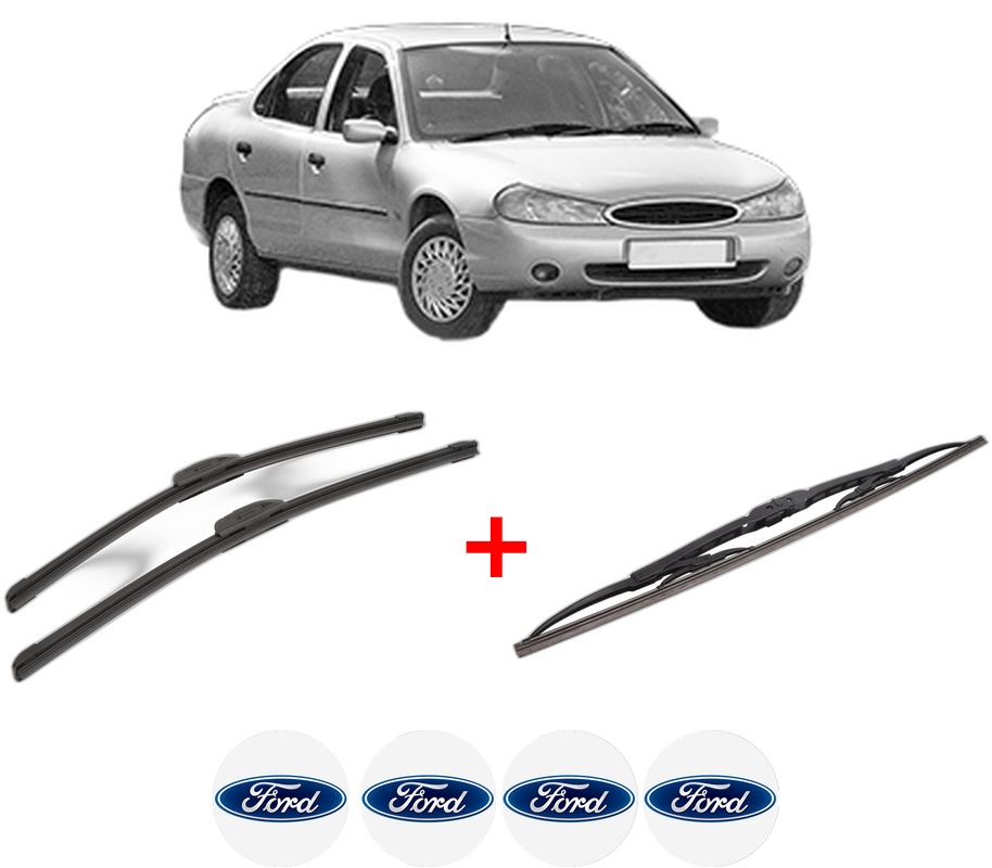 Set 3 stergatoare FORD MONDEO II Saloon (BFP) din 1996 - 2000, pentru parbriz si luneta fata si spate auto, Bosch Twin, din cauciuc siliconat rezistent, 4 Stickere Auto FORD