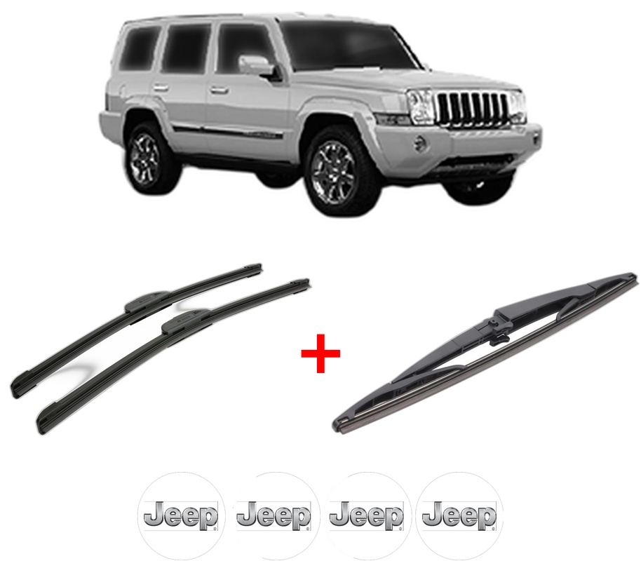 Set 3 stergatoare JEEP COMMANDER VAN (XH) din 2005 - 2010, pentru parbriz si luneta fata si spate auto, Bosch Twin, din cauciuc siliconat rezistent, 4 Stickere Auto JEEP