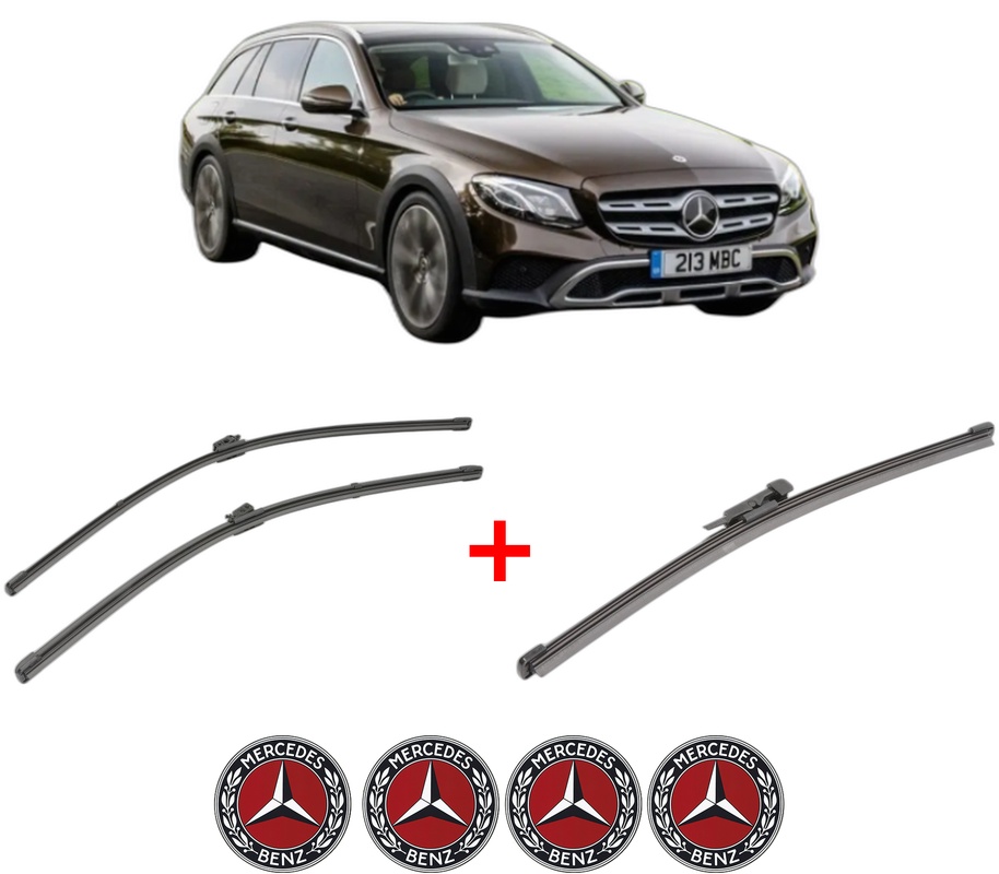 Set 3 stergatoare MERCEDES-BENZ E-CLASS All-Terrain (S213) din 2017 - 2023, pentru parbriz si luneta fata si spate auto, Valeo Silencio Xtrm, din cauciuc siliconat rezistent, 4 Stickere Auto MERCEDES-BENZ