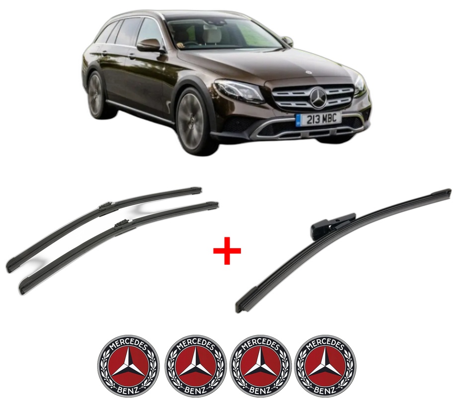 Set 3 stergatoare MERCEDES-BENZ E-CLASS All-Terrain (S213) din 2017 - 2023, pentru parbriz si luneta fata si spate auto, Bosch Aerotwin, din cauciuc siliconat rezistent, 4 Stickere Auto MERCEDES-BENZ