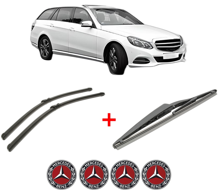 Set 3 stergatoare MERCEDES-BENZ E-CLASS T-Model (S212) din 2009 - 2016, pentru parbriz si luneta fata si spate auto, Bosch Twin, din cauciuc siliconat rezistent, 4 Stickere Auto MERCEDES-BENZ