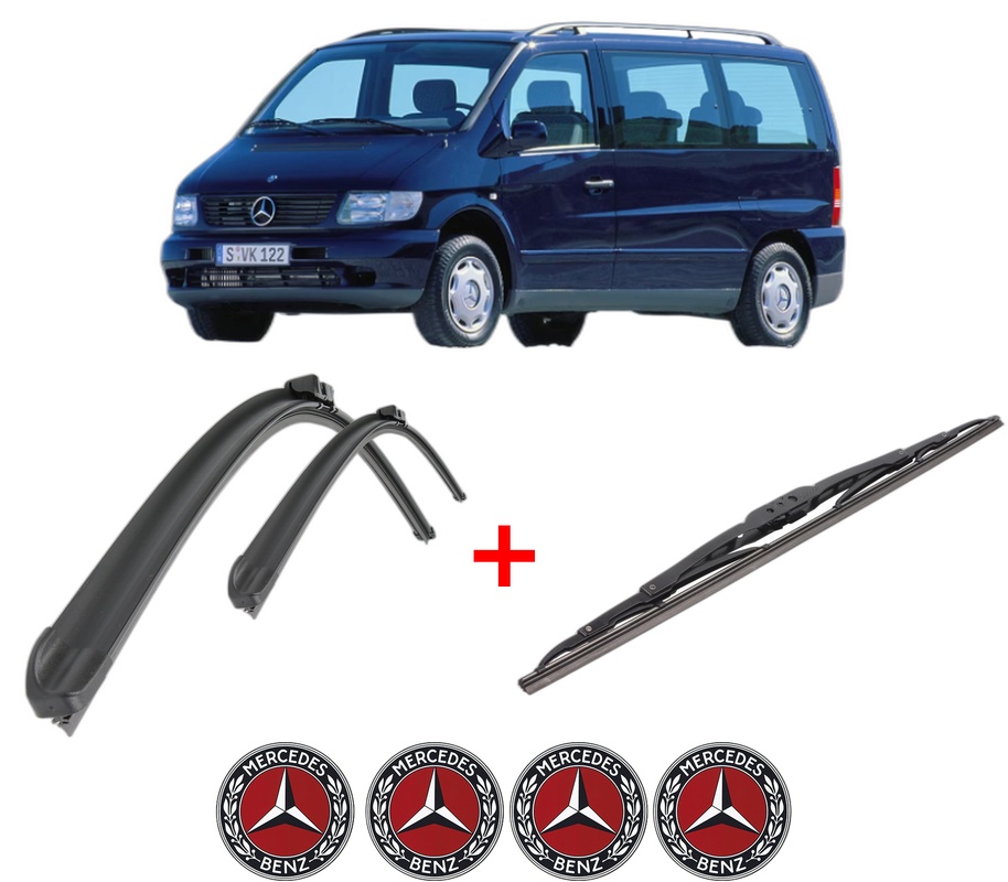 Set 3 stergatoare MERCEDES-BENZ V-CLASS Van (638/2) din 1996 - 2003, pentru parbriz si luneta fata si spate auto, Bosch Twin, din cauciuc siliconat rezistent, 4 Stickere Auto MERCEDES-BENZ