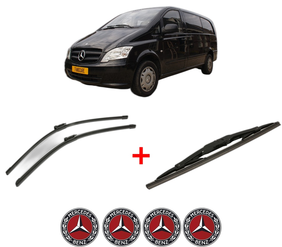 Set 3 stergatoare MERCEDES-BENZ VITO / MIXTO Van (W639) din 2003 - 2008, pentru parbriz si luneta fata si spate auto, Bosch Twin, din cauciuc siliconat rezistent, 4 Stickere Auto MERCEDES-BENZ