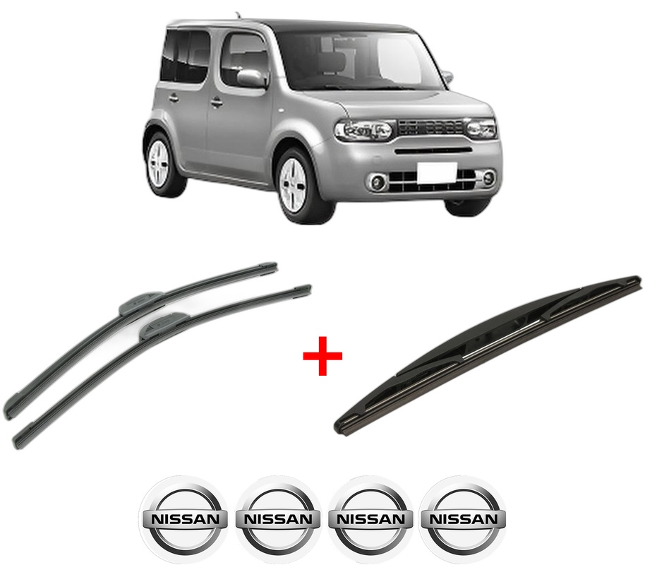 Set 3 stergatoare NISSAN CUBE (Z12) din 2009, pentru parbriz si luneta fata si spate auto, Bosch Twin, din cauciuc siliconat rezistent, 4 Stickere Auto NISSAN