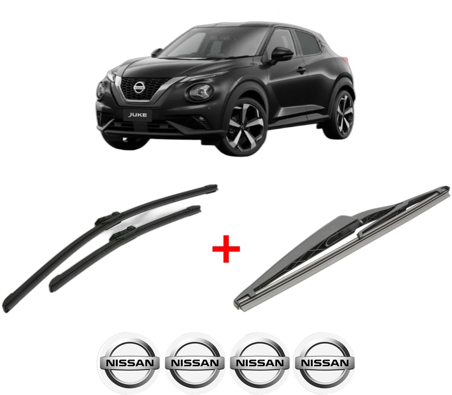 Set 3 stergatoare NISSAN JUKE (F16_) din 2019, pentru parbriz si luneta fata si spate auto, Bosch Twin, din cauciuc siliconat rezistent, 4 Stickere Auto NISSAN
