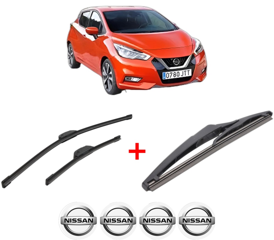 Set 3 stergatoare NISSAN MICRA V (K14) din 2016, pentru parbriz si luneta fata si spate auto, Bosch Twin, din cauciuc siliconat rezistent, 4 Stickere Auto NISSAN