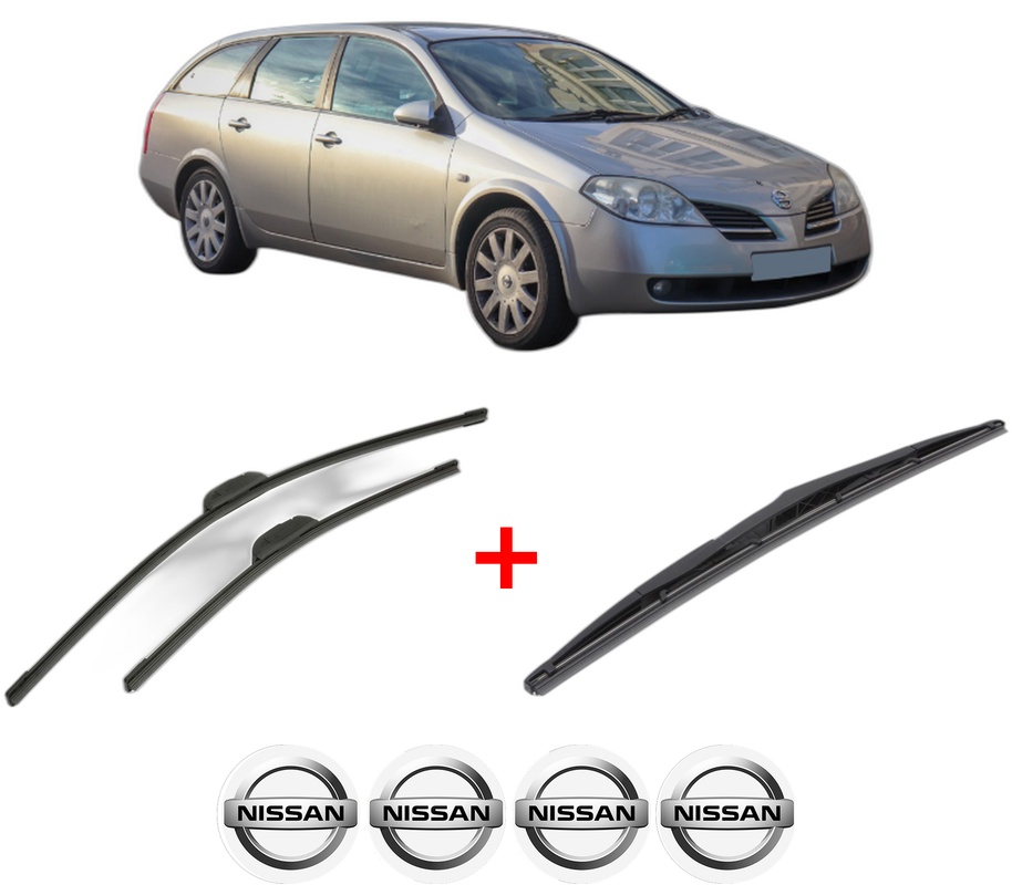 Set 3 stergatoare NISSAN PRIMERA Hatchback (P12) din 2002 - 2008, pentru parbriz si luneta fata si spate auto, Bosch Twin, din cauciuc siliconat rezistent, 4 Stickere Auto NISSAN