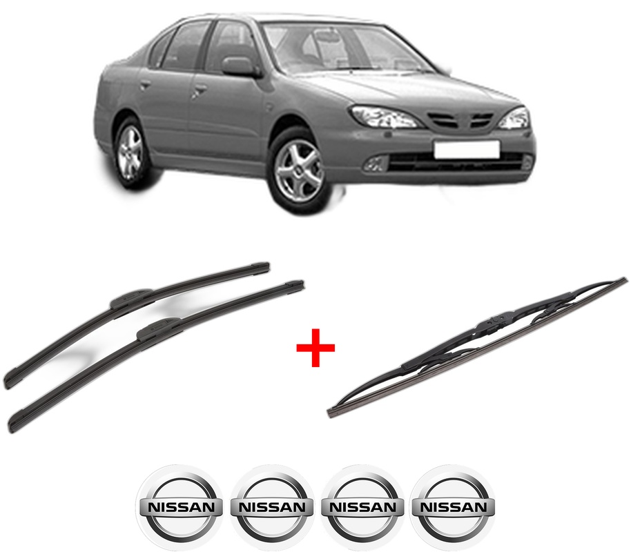 Set 3 stergatoare NISSAN PRIMERA (P11) din 1996 - 2001, pentru parbriz si luneta fata si spate auto, Bosch Twin, din cauciuc siliconat rezistent, 4 Stickere Auto NISSAN