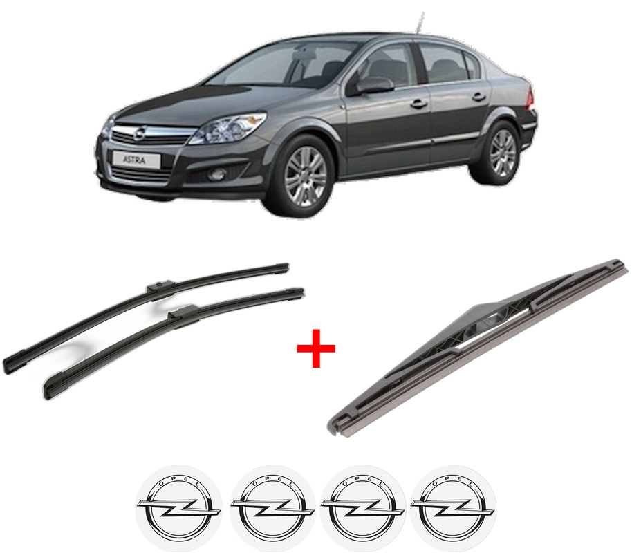 Set 3 stergatoare OPEL ASTRA H Saloon (A04) din 2007 - 2014, pentru parbriz si luneta fata si spate auto, Bosch Twin, din cauciuc siliconat rezistent, 4 Stickere Auto OPEL