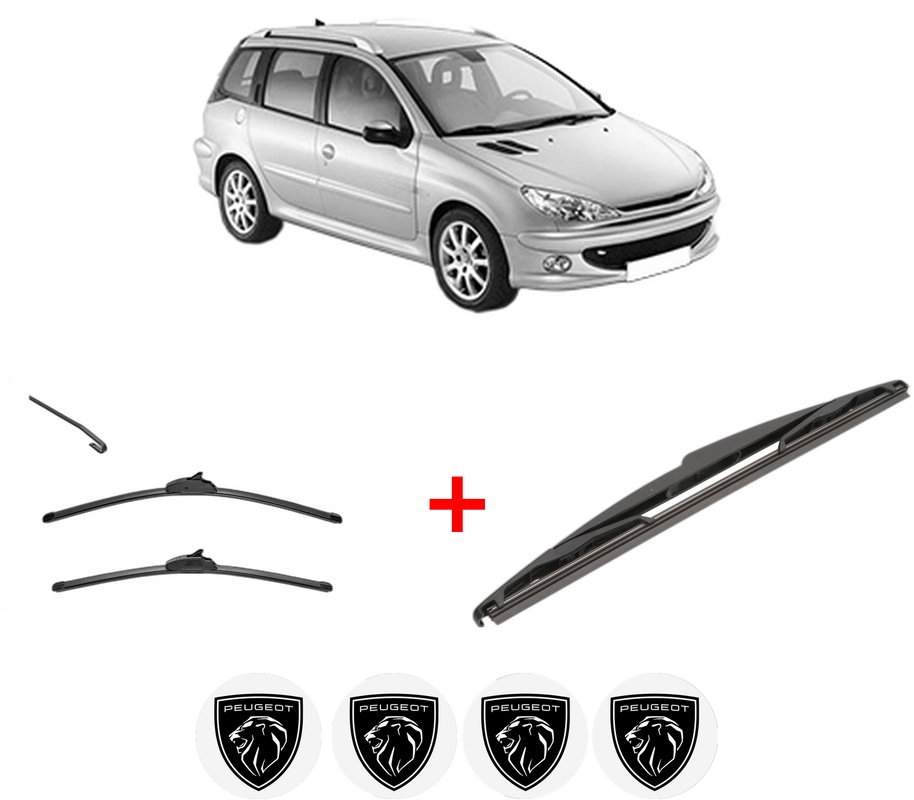 Set 3 stergatoare PEUGEOT 206 SW (2E/K) din 2002 - 2008, pentru parbriz si luneta fata si spate auto, Valeo Silencio, din cauciuc siliconat rezistent, 4 Stickere Auto PEUGEOT