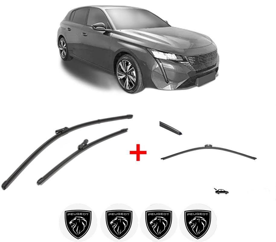 Set 3 stergatoare PEUGEOT 308 III (FB_, FH_, FP_, F3_, FM_) din 2021, pentru parbriz si luneta fata si spate auto, Valeo Silencio, din cauciuc siliconat rezistent, 4 Stickere Auto PEUGEOT