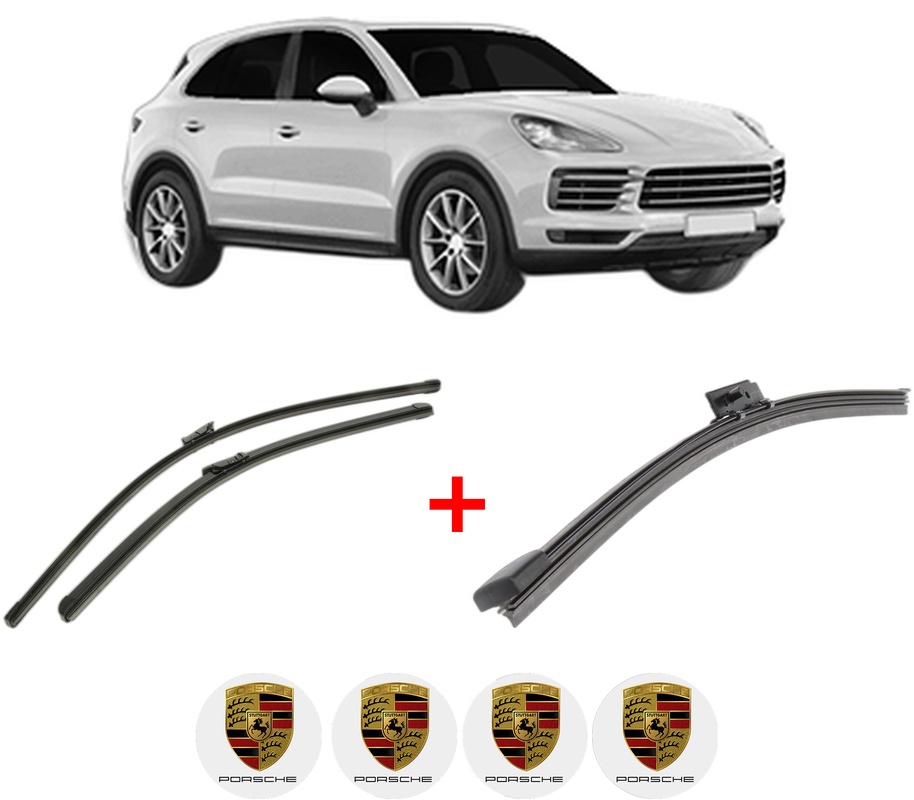Set 3 stergatoare PORSCHE CAYENNE (9YA) din 2017, pentru parbriz si luneta fata si spate auto, Bosch Aerotwin, din cauciuc siliconat rezistent, 4 Stickere Auto PORSCHE