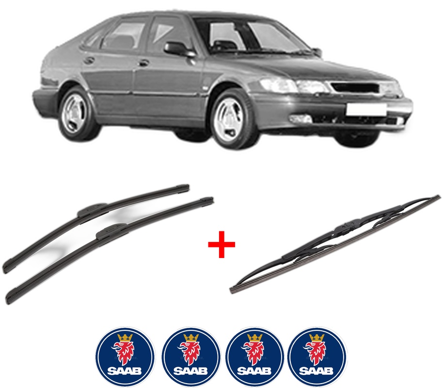 Set 3 stergatoare SAAB 9-3 (YS3D) din 1998 - 2002, pentru parbriz si luneta fata si spate auto, Bosch Twin, din cauciuc siliconat rezistent, 4 Stickere Auto SAAB