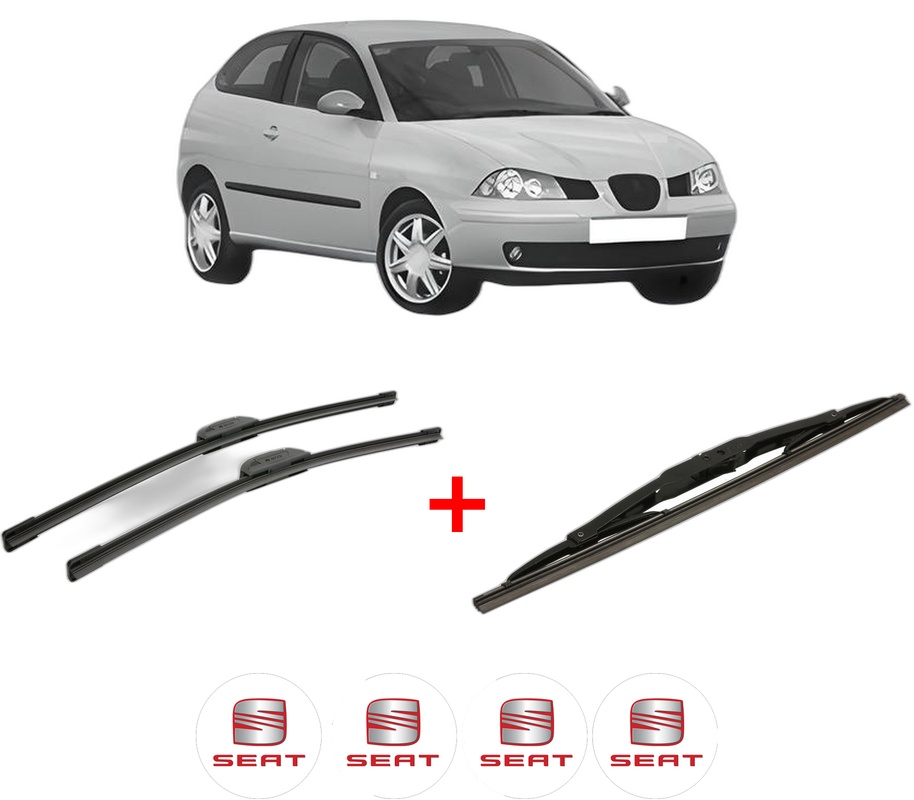 Set 3 stergatoare SEAT IBIZA III (6L1) din 2002 - 2009, pentru parbriz si luneta fata si spate auto, Bosch Twin, din cauciuc siliconat rezistent, 4 Stickere Auto SEAT