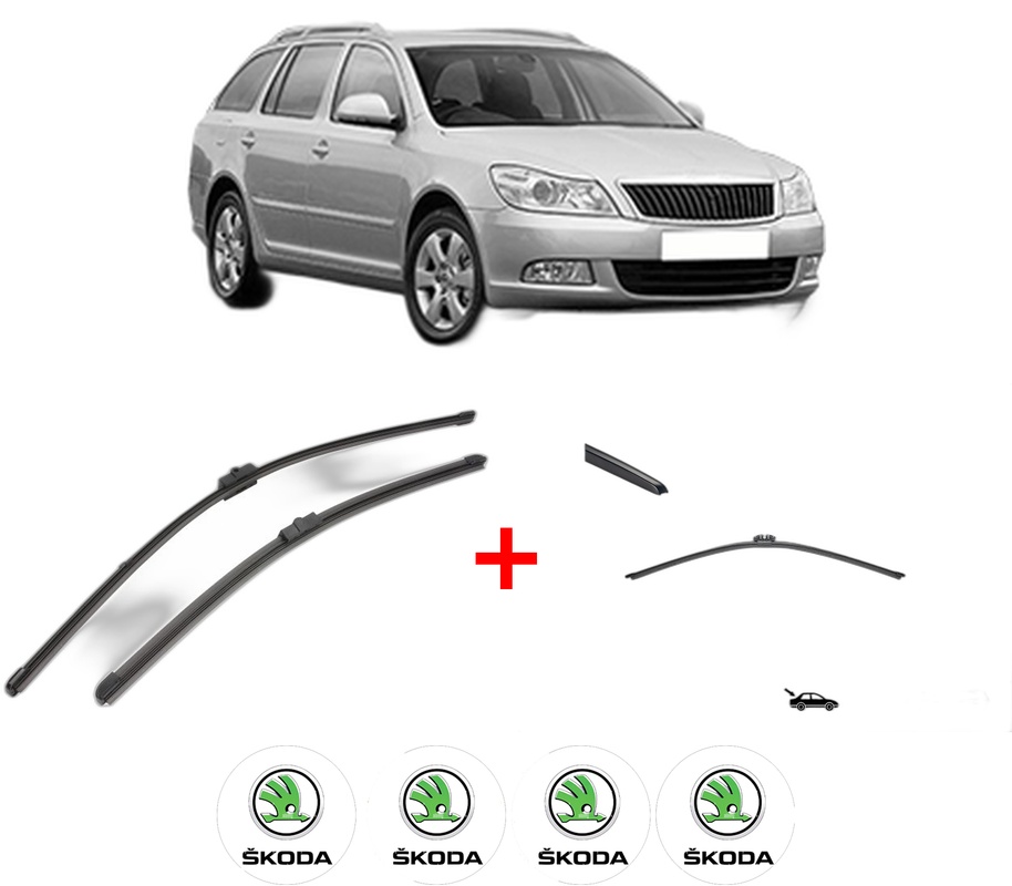 Set 3 stergatoare SKODA OCTAVIA II Combi (1Z5) din 2004 - 2013, pentru parbriz si luneta fata si spate auto, Valeo Silencio, din cauciuc siliconat rezistent, 4 Stickere Auto SKODA