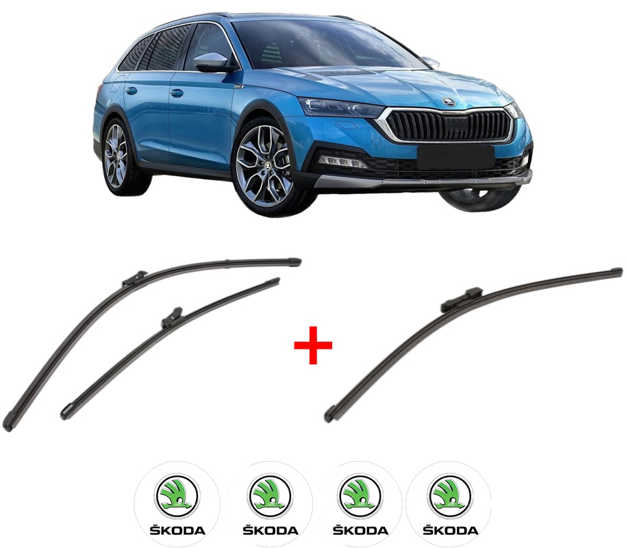 Set 3 stergatoare SKODA OCTAVIA IV (NX3, NN3, PV3) din 2020, pentru parbriz si luneta fata si spate auto, Valeo Silencio Xtrm, din cauciuc siliconat rezistent, 4 Stickere Auto SKODA