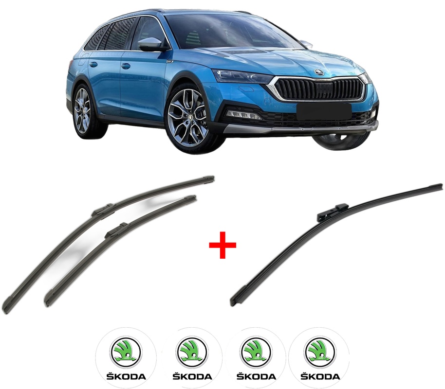 Set 3 stergatoare SKODA OCTAVIA IV (NX3, NN3, PV3) din 2020, pentru parbriz si luneta fata si spate auto, Bosch Aerotwin, din cauciuc siliconat rezistent, 4 Stickere Auto SKODA