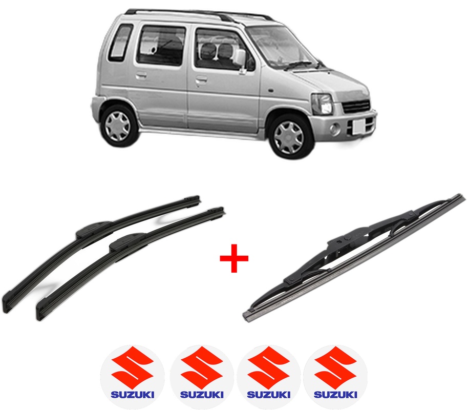 Set 3 stergatoare SUZUKI WAGON R+ Hatchback (EM) din 1998 - 2000, pentru parbriz si luneta fata si spate auto, Bosch Twin, din cauciuc siliconat rezistent, 4 Stickere Auto SUZUKI