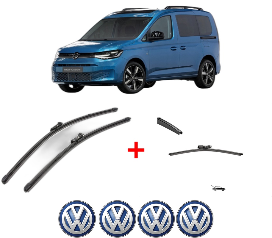 Set 3 stergatoare Volkswagen CADDY V Box Body/MPV (SBA, SBH) din 2020 - 2024, pentru parbriz si luneta fata si spate auto, Valeo Silencio, din cauciuc siliconat rezistent, 4 Stickere Auto VW