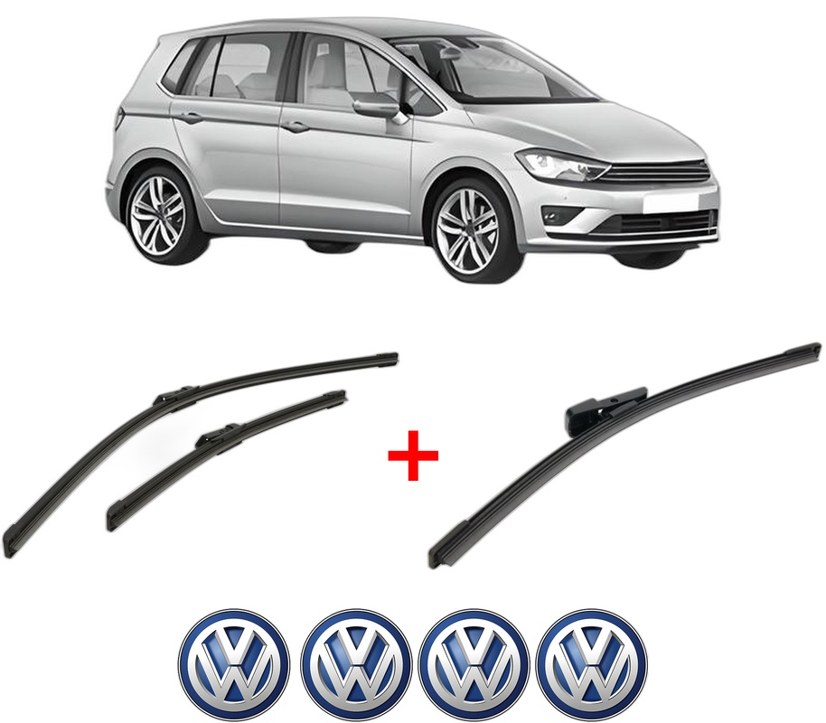 Set 3 stergatoare Volkswagen GOLF SPORTSVAN VII (AM1, AN1) din 2014 - 2020, pentru parbriz si luneta fata si spate auto, Bosch Aerotwin, din cauciuc siliconat rezistent, 4 Stickere Auto VW