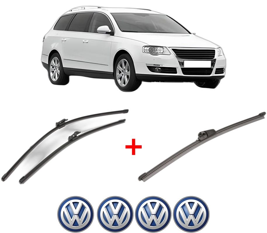 Set 3 stergatoare Volkswagen PASSAT B6 Variant (3C5) din 2005 - 2011, pentru parbriz si luneta fata si spate auto, Valeo Silencio Xtrm, din cauciuc siliconat rezistent, 4 Stickere Auto VW