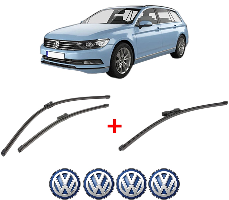 Set 3 stergatoare Volkswagen PASSAT B8 Variant (3G5, CB5) din 2014 - 2024, pentru parbriz si luneta fata si spate auto, Valeo Silencio Xtrm, din cauciuc siliconat rezistent, 4 Stickere Auto VW