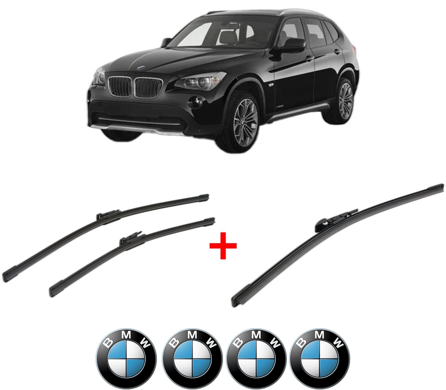 Set 3 stergatoare BMW Seria X1 (E84) din 2009 - 2015, pentru parbriz si luneta fata si spate auto, Bosch Aerotwin, din cauciuc siliconat rezistent, 4 Stickere Auto BMW