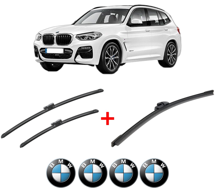 Set 3 stergatoare BMW Seria X3 (G01, F97, G08) din 2017 - 2020, pentru parbriz si luneta fata si spate auto, Bosch Aerotwin, din cauciuc siliconat rezistent, 4 Stickere Auto BMW