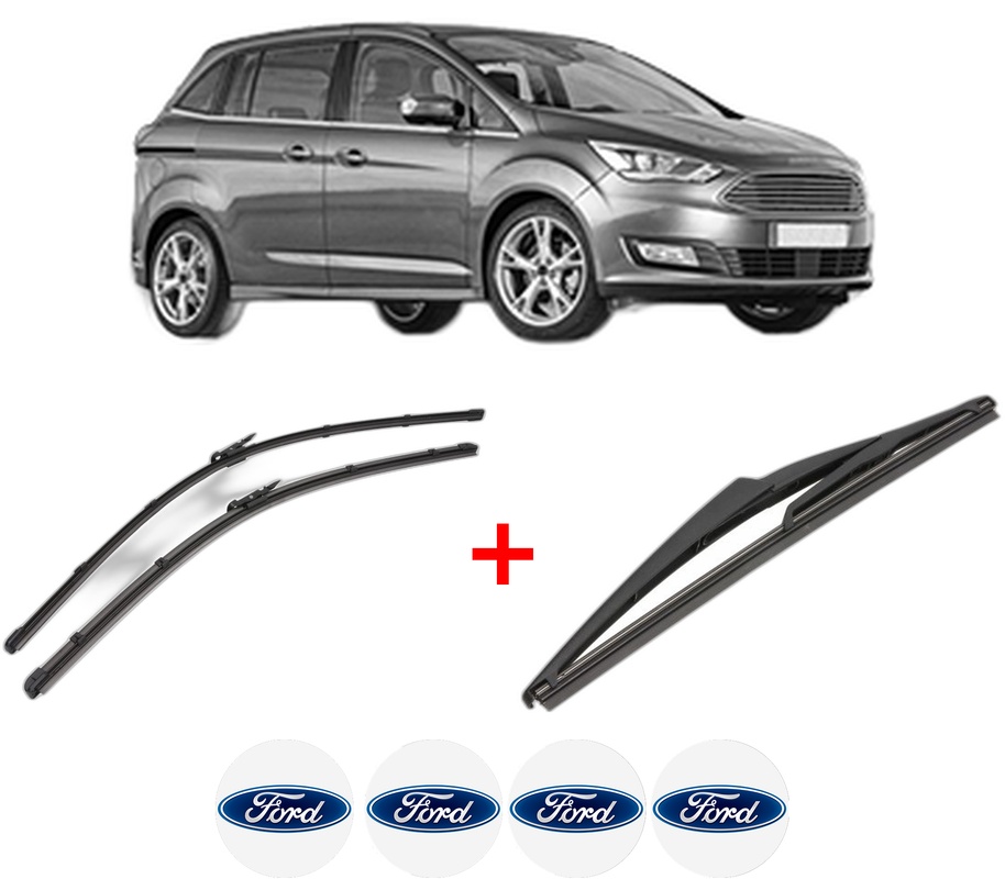 Set 3 stergatoare FORD C-MAX II Van din 2010 - 2019, pentru parbriz si luneta fata si spate auto, Valeo Silencio, din cauciuc siliconat rezistent, 4 Stickere Auto FORD