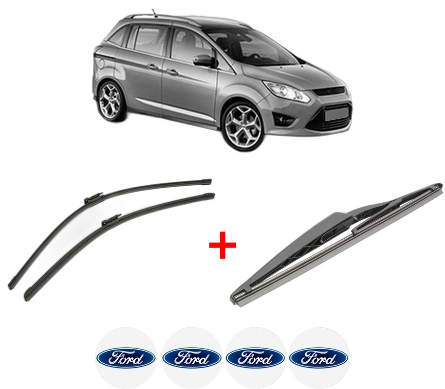 Set 3 stergatoare FORD GRAND C-MAX (DXA/CB7, DXA/CEU) din 2010 - 2019, pentru parbriz si luneta fata si spate auto, Bosch Twin, din cauciuc siliconat rezistent, 4 Stickere Auto FORD
