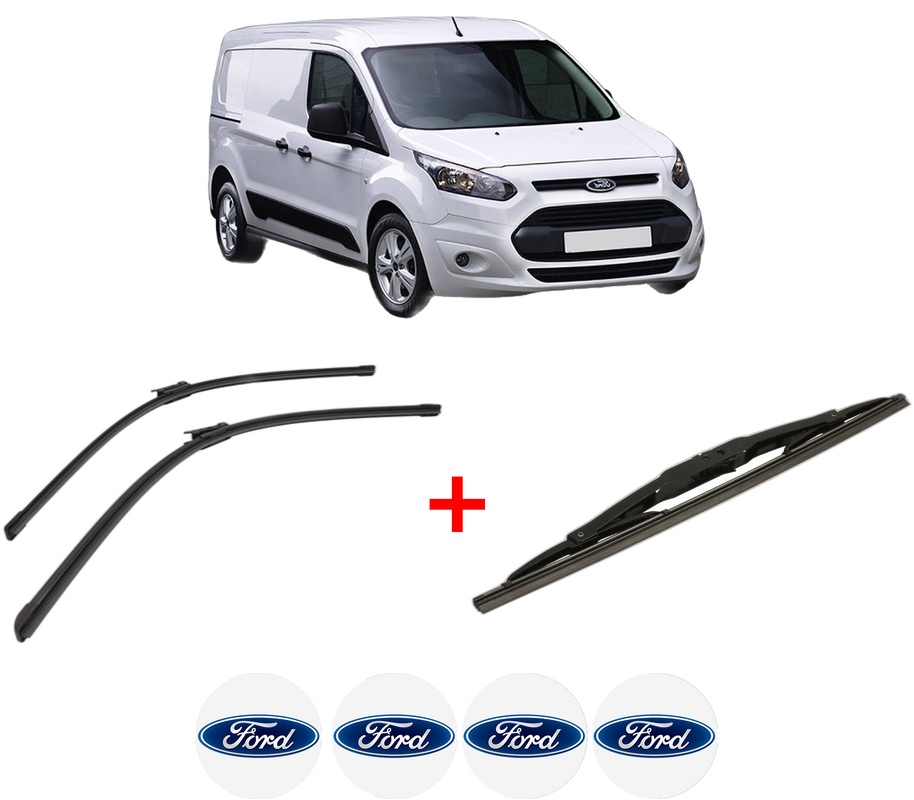 Set 3 stergatoare FORD TRANSIT CONNECT V408 Box Body/MPV din 2013, pentru parbriz si luneta fata si spate auto, Bosch Twin, din cauciuc siliconat rezistent, 4 Stickere Auto FORD