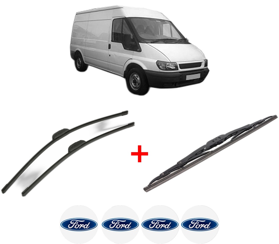 Set 3 stergatoare FORD TRANSIT Van (FA_ _) din 2000 - 2014, pentru parbriz si luneta fata si spate auto, Bosch Twin, din cauciuc siliconat rezistent, 4 Stickere Auto FORD