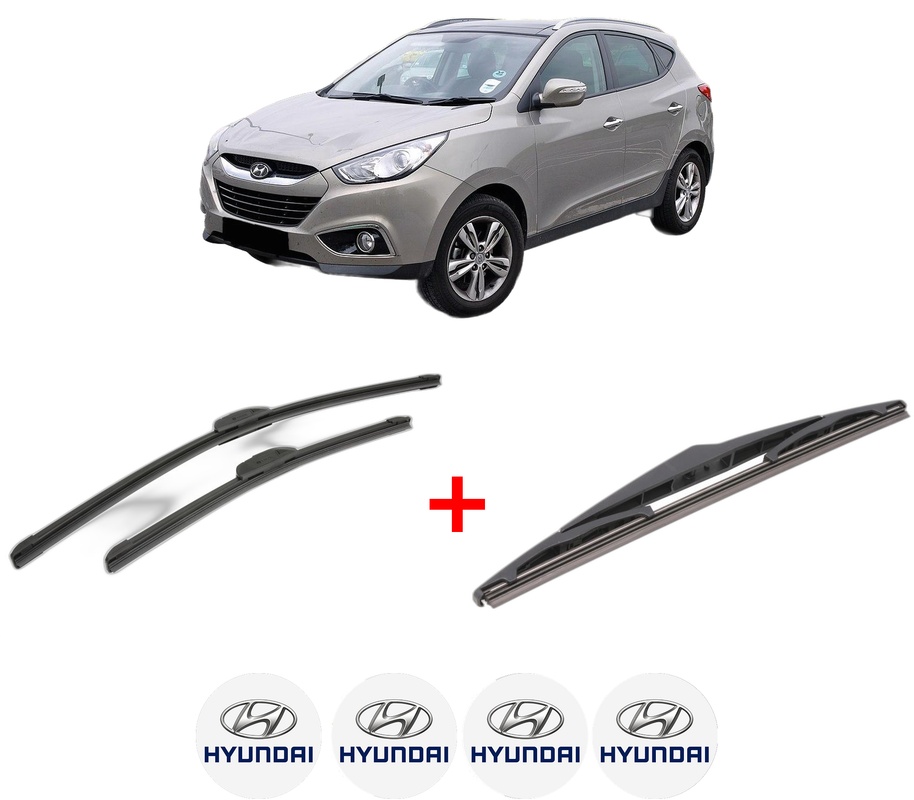 Set 3 stergatoare HYUNDAI ix35 (LM, EL, ELH) din 2009 - 2015, pentru parbriz si luneta fata si spate auto, Bosch Twin, din cauciuc siliconat rezistent, 4 Stickere Auto HYUNDAI
